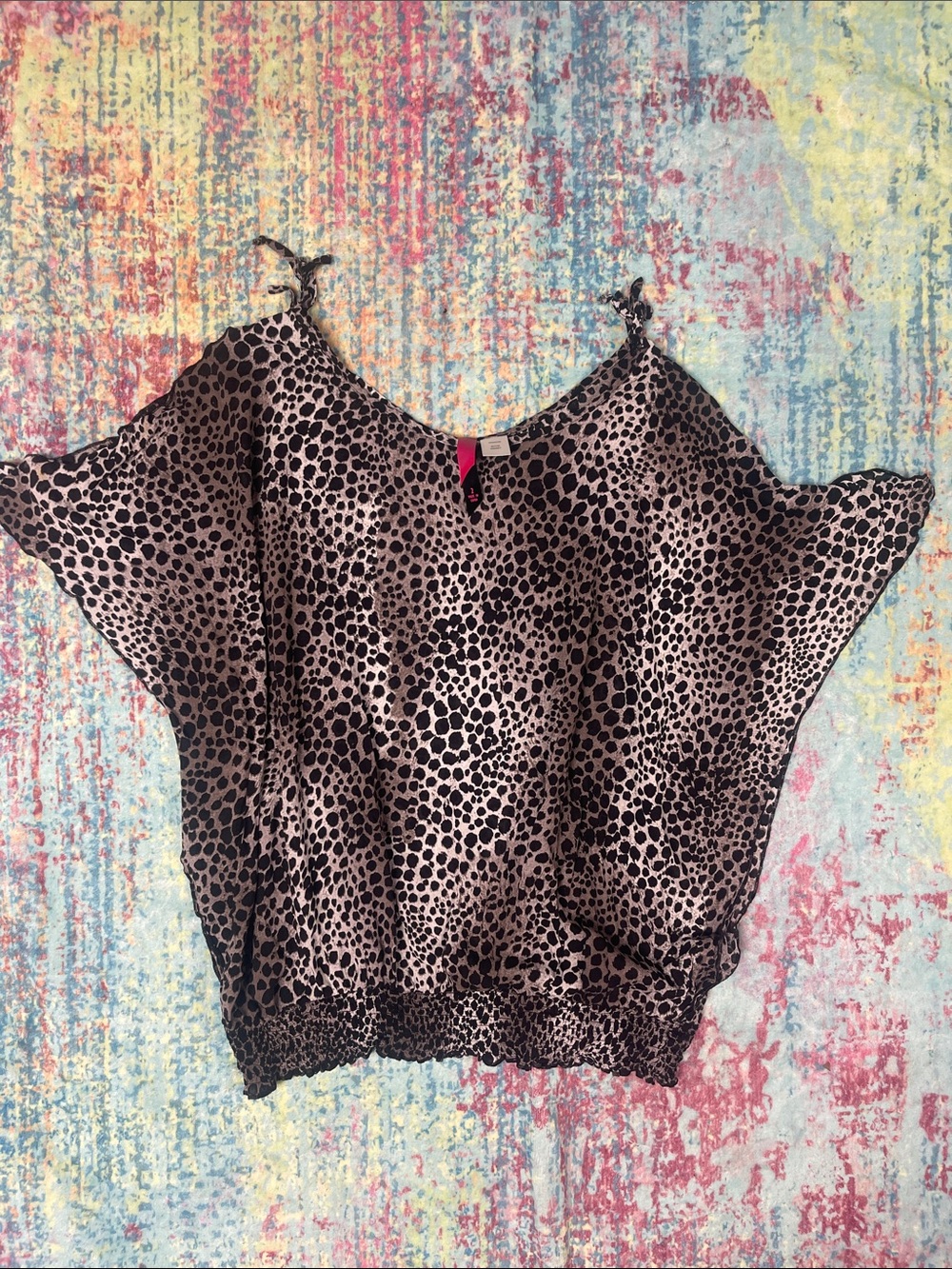 Pure Energy Taupe and Black Leopard Cold-Shoulder Satin Blouse